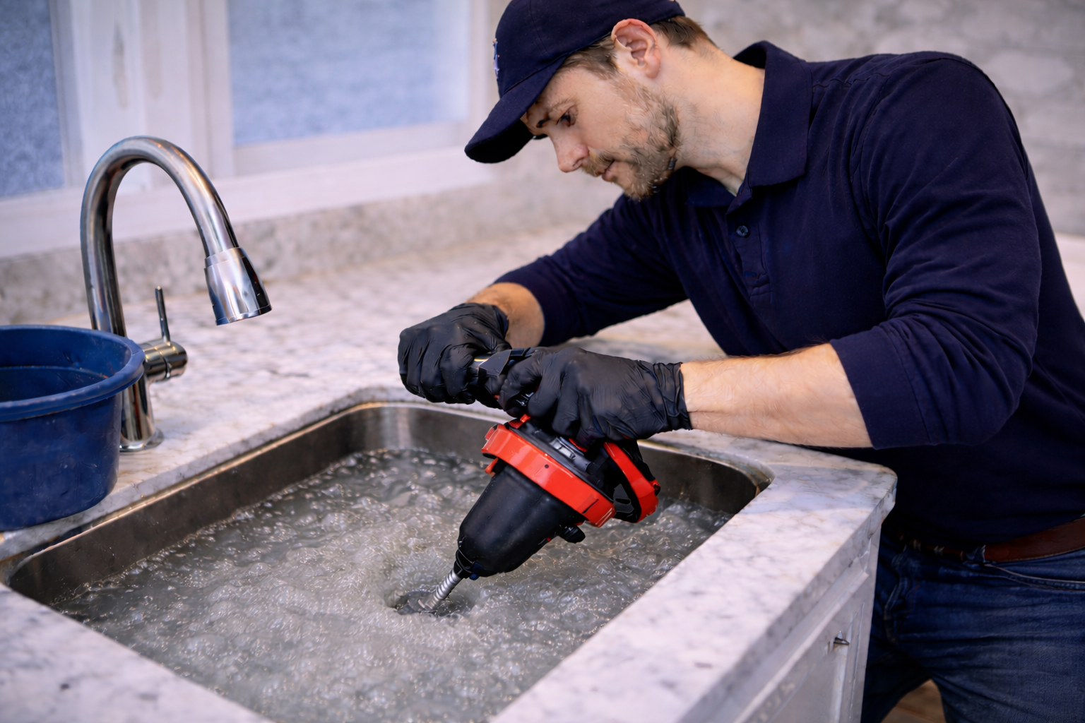 Drain snake being used directly in the sink drain