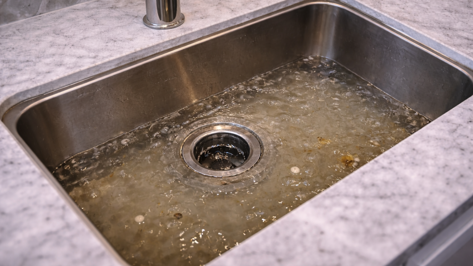 Standing water in a clogged kitchen sink