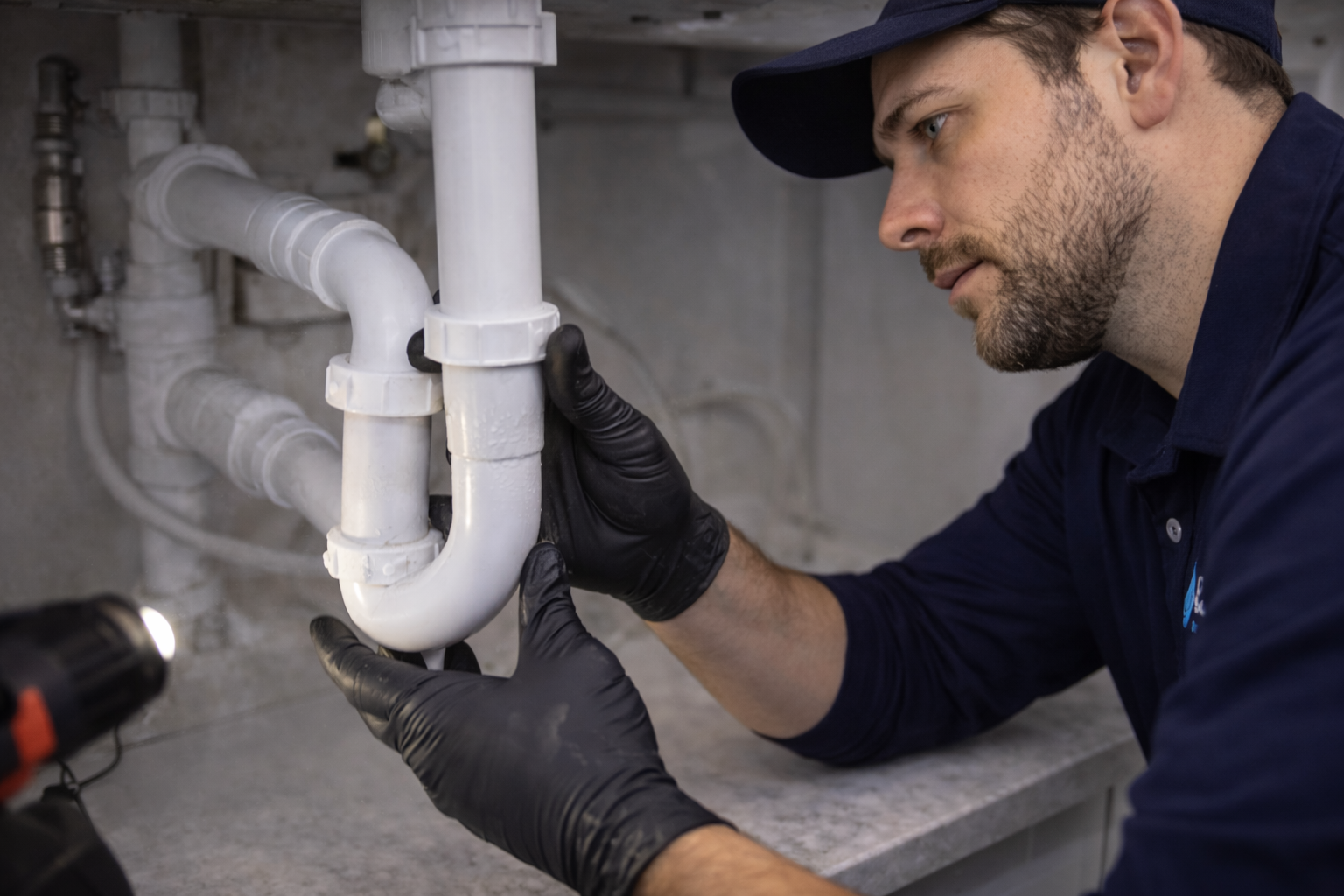 Plumber diagnosing a clogged sink drain