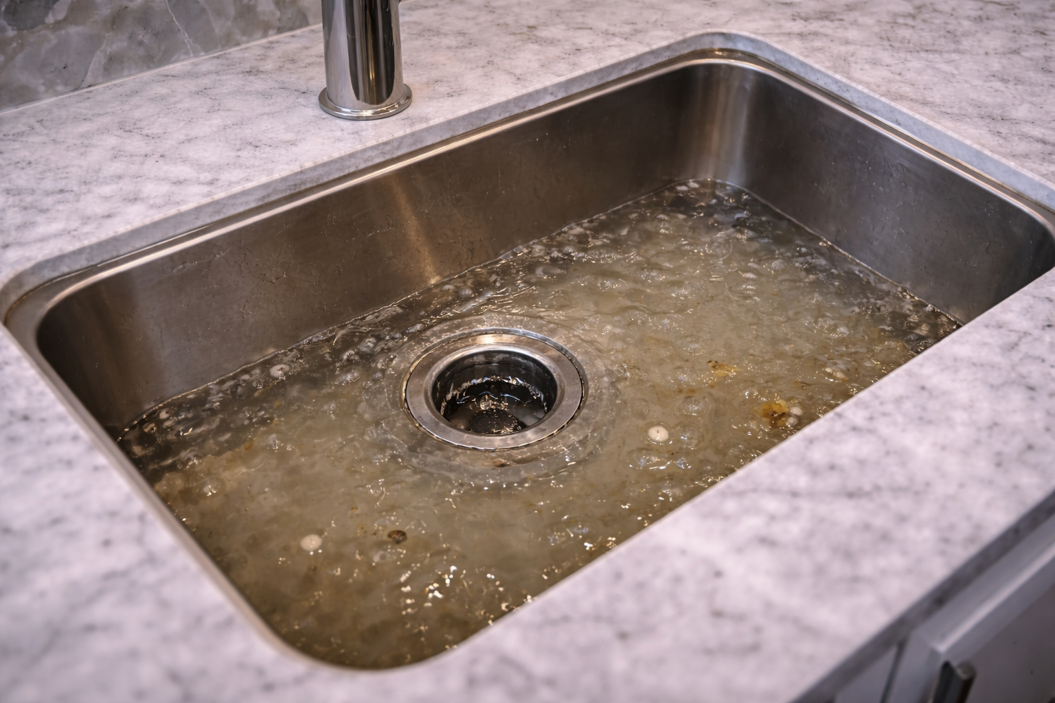 Kitchen sink and drain area showing drain-related symptoms