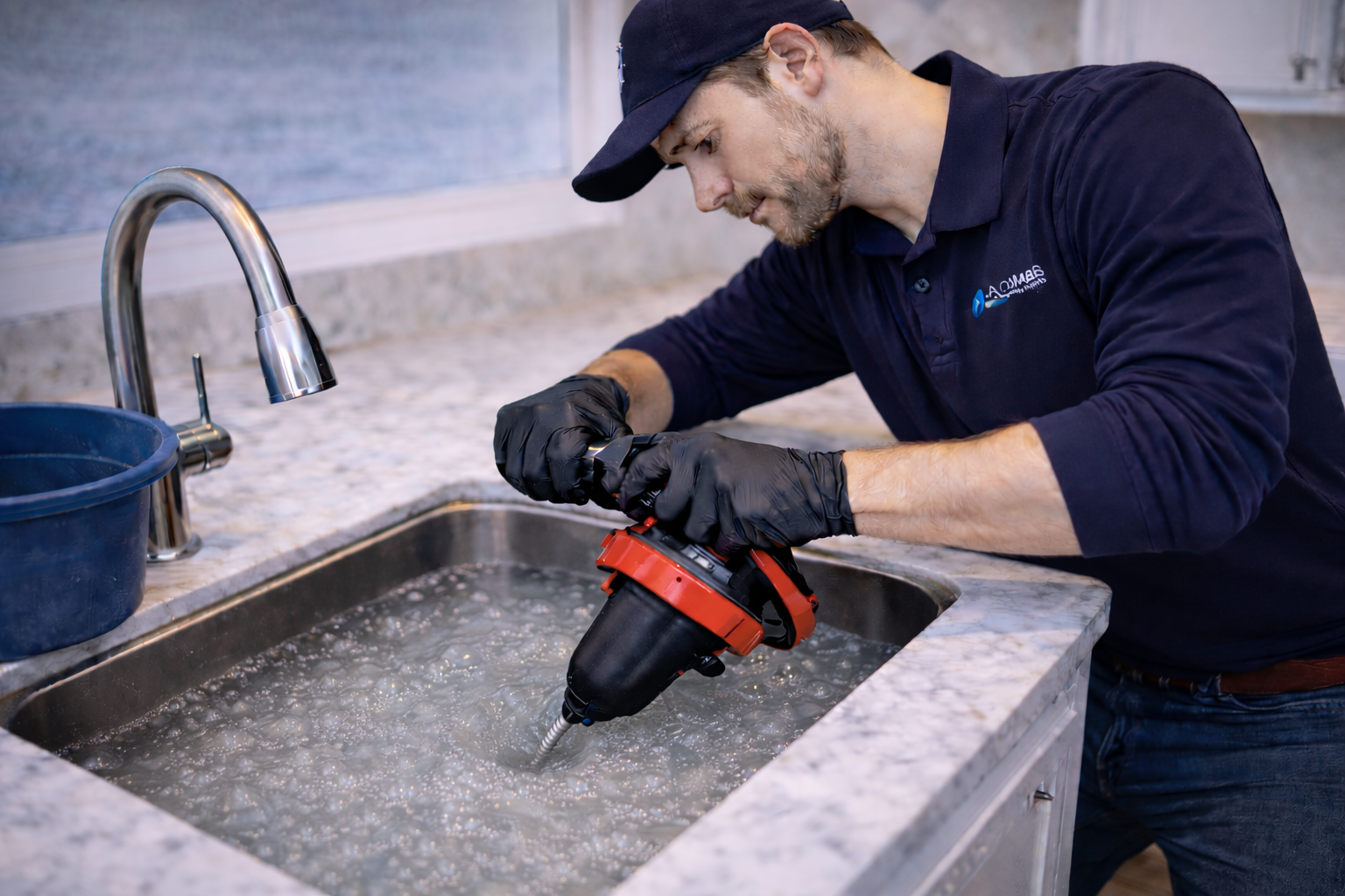 Technician performing drain cleaning service at a kitchen sink in Lacombe