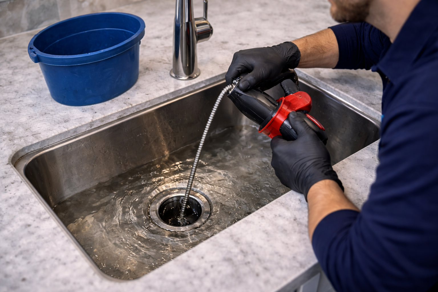 Drain cleaning cable being used at a kitchen sink