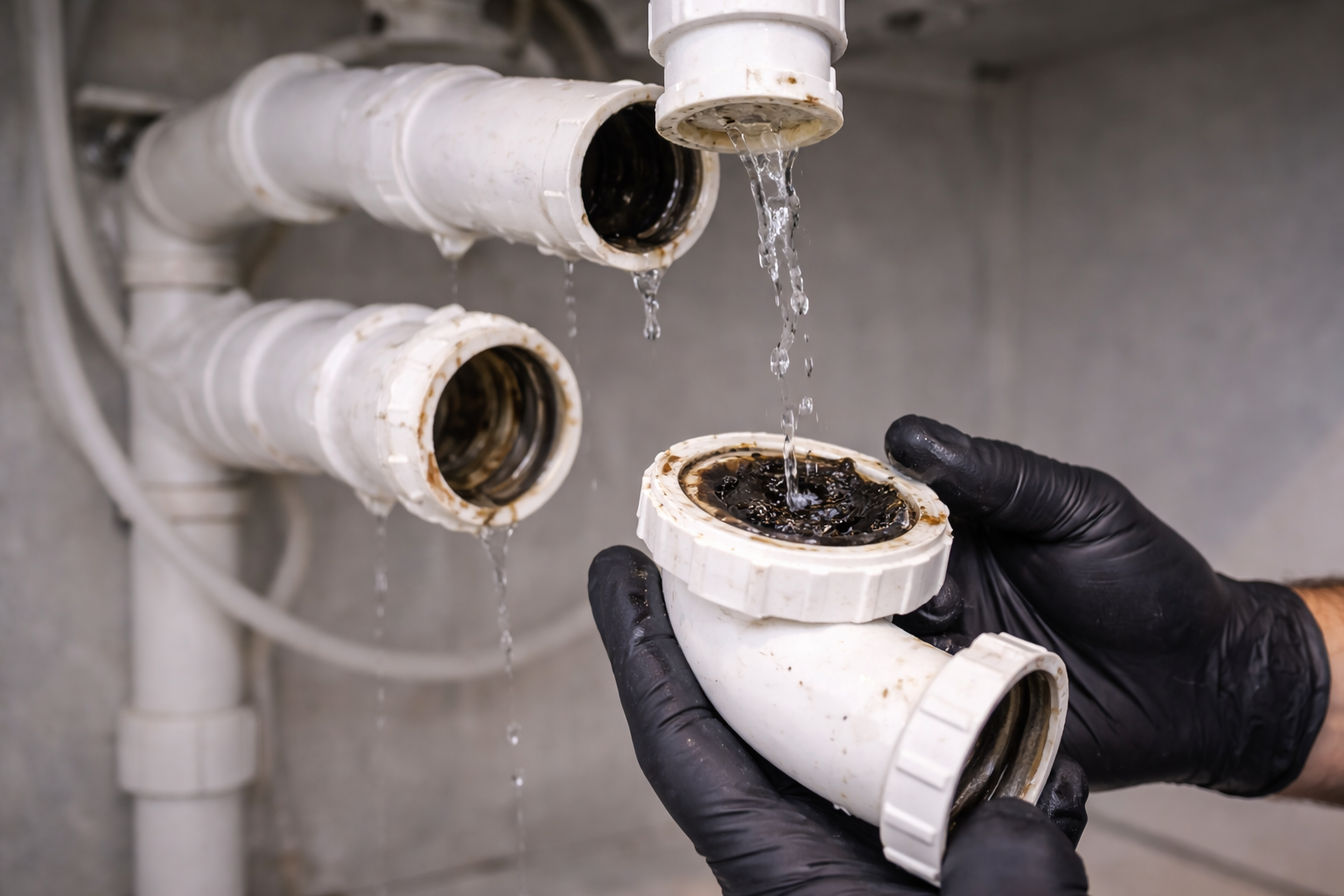 Technician inspecting under-sink drain plumbing