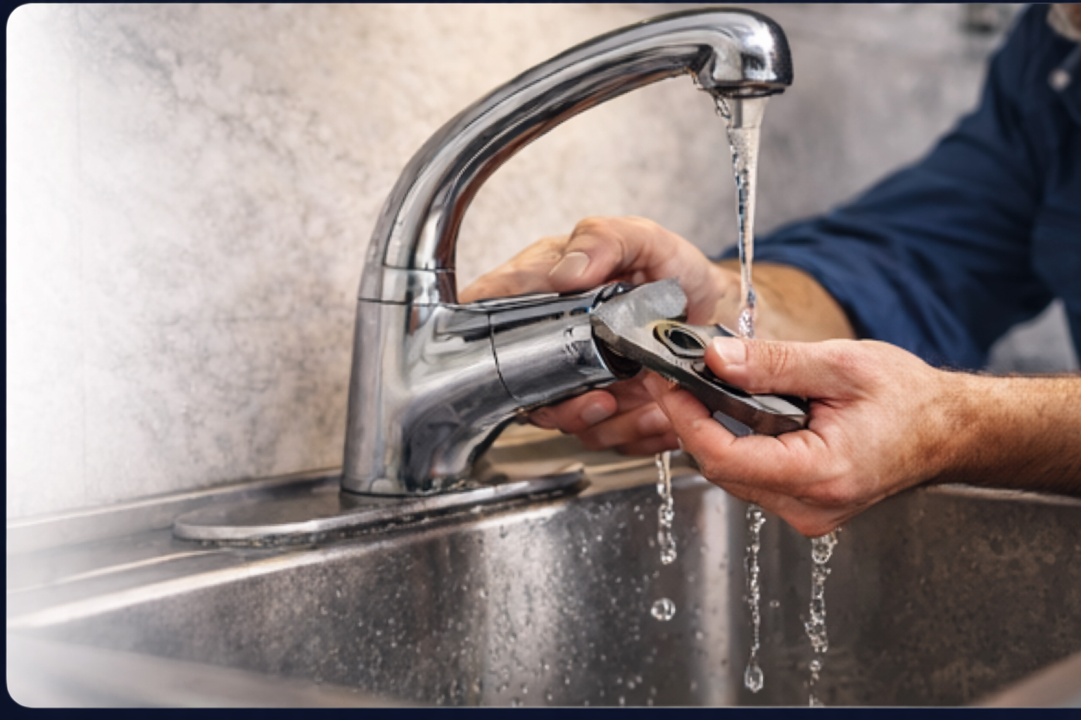 Technician repairing a leaking faucet in a Lacombe home