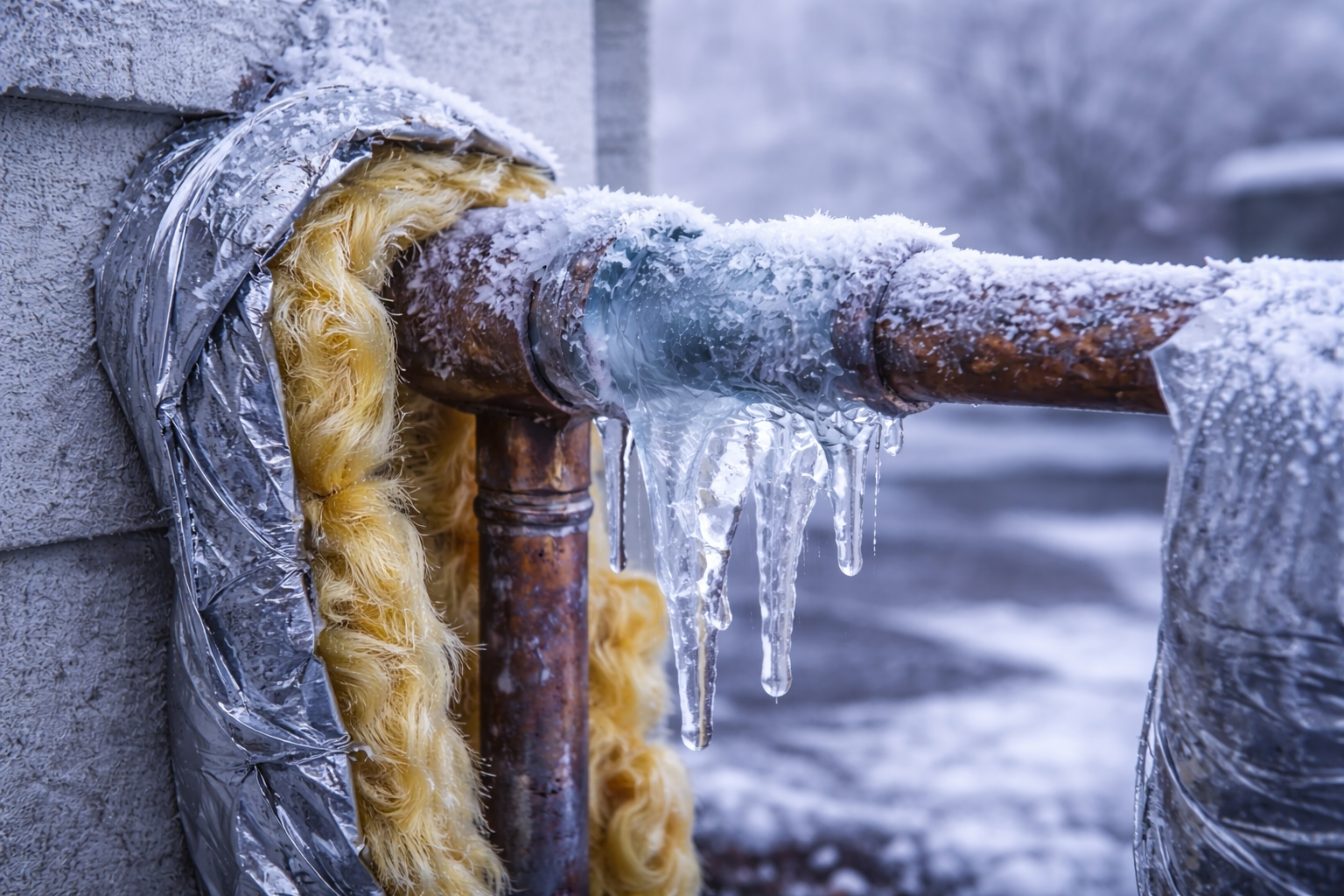 Frozen residential plumbing line during winter in Lacombe