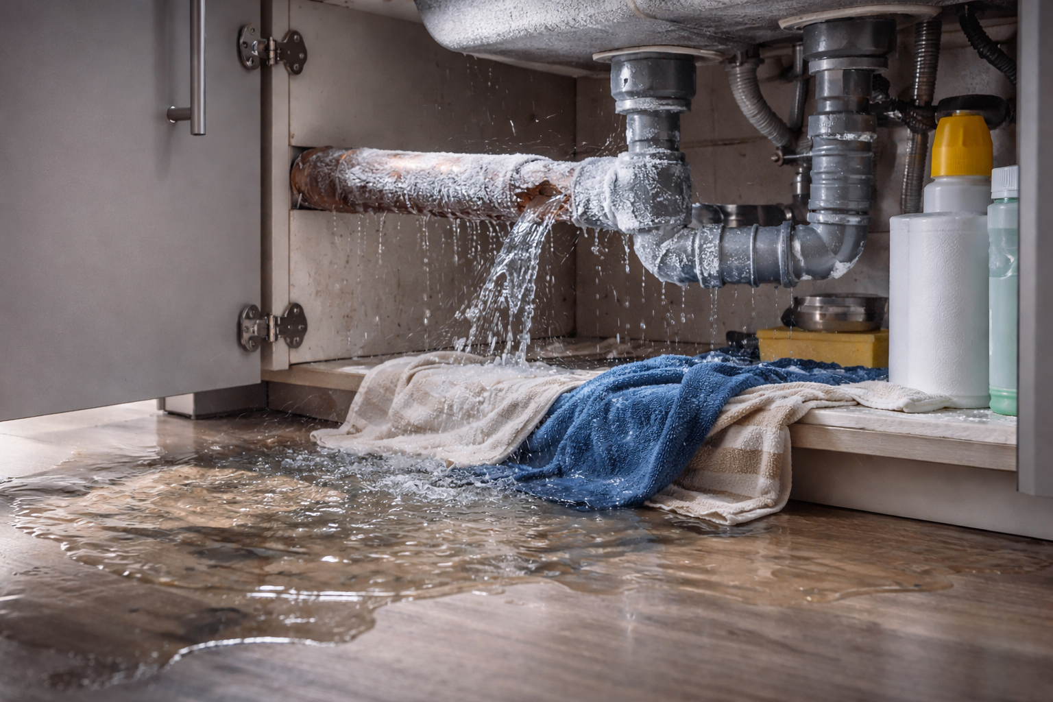 Water spreading across a floor after a frozen pipe burst