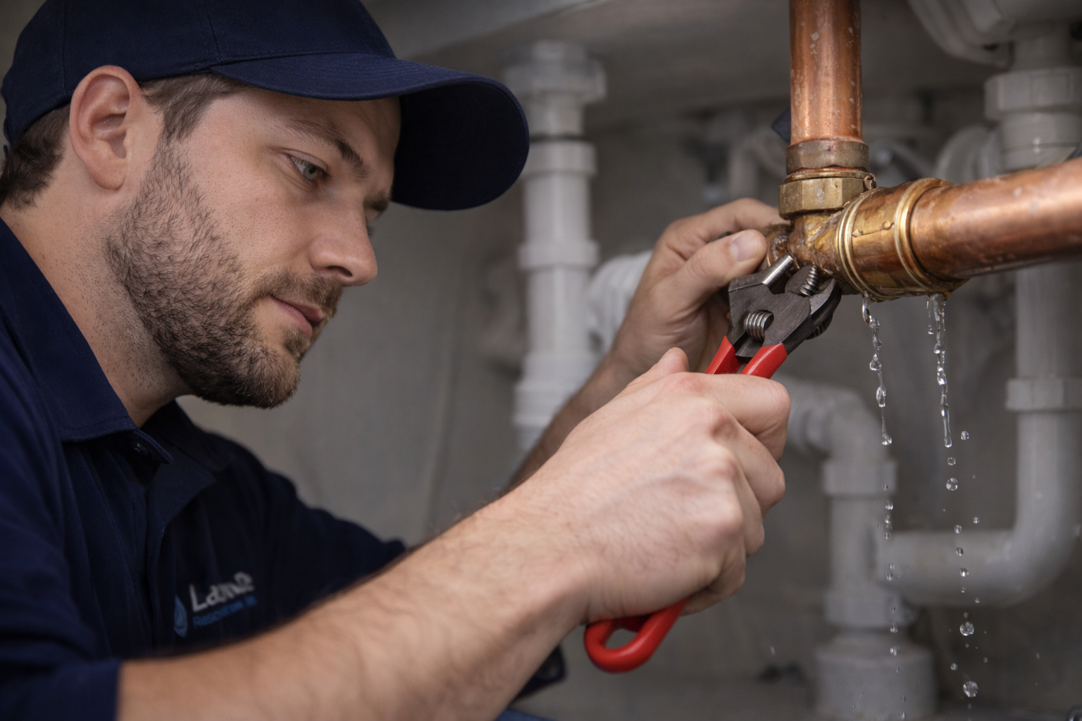 Technician inspecting the source of a kitchen faucet leak