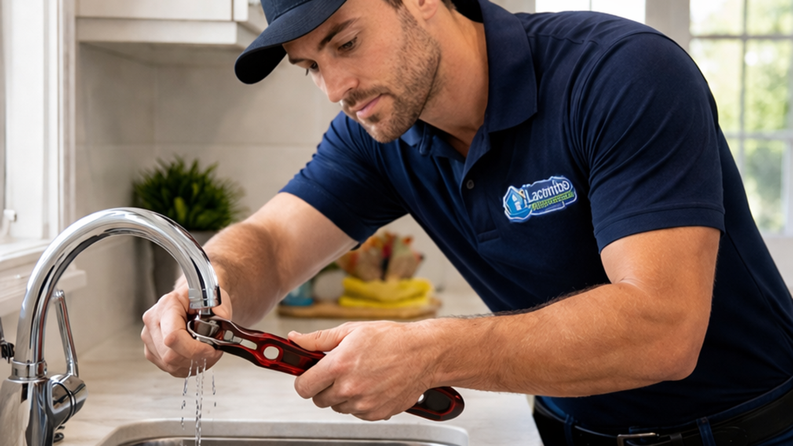 Plumber actively repairing a leaking faucet