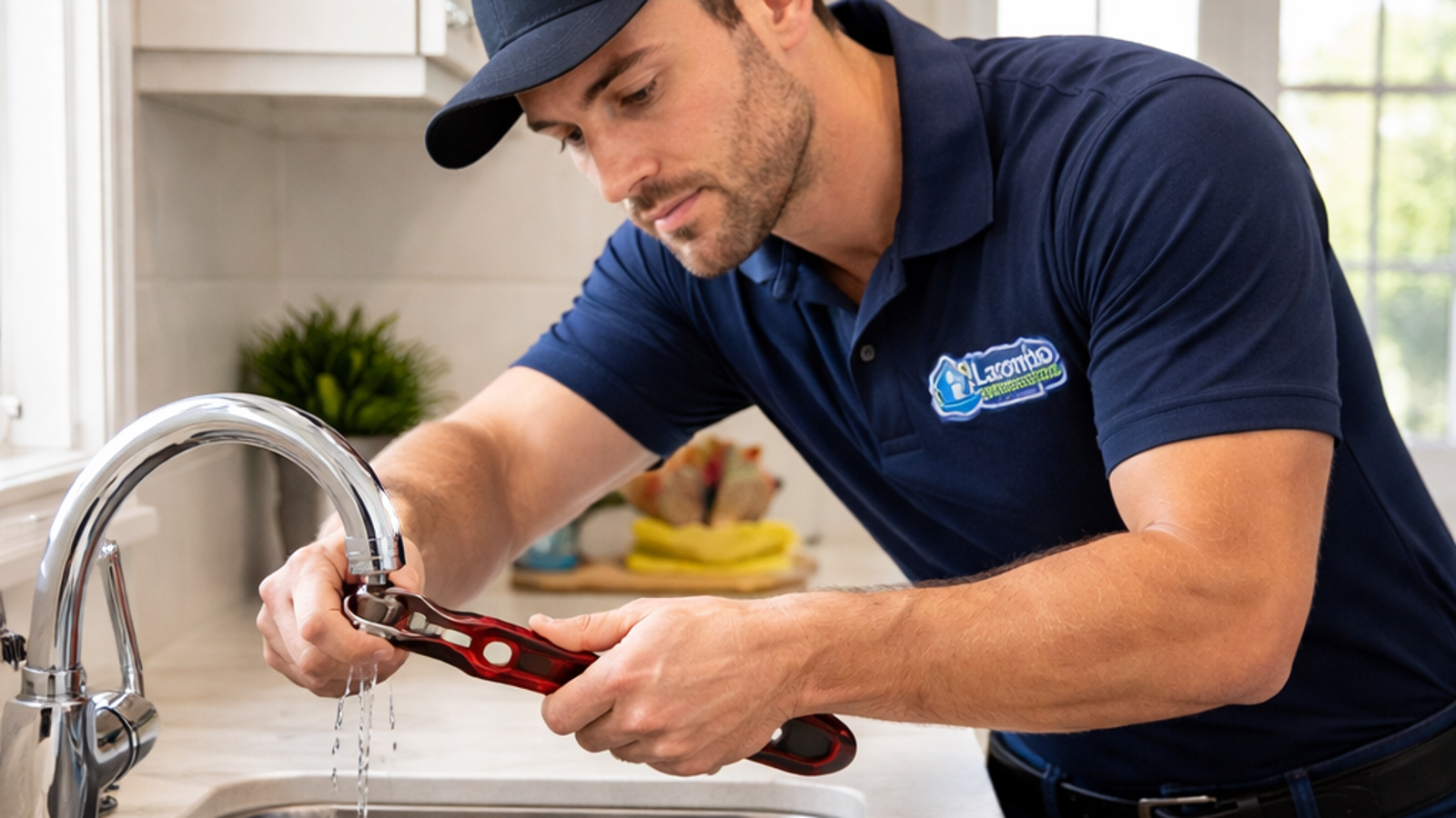 Professional plumber working to repair a leaking fixture