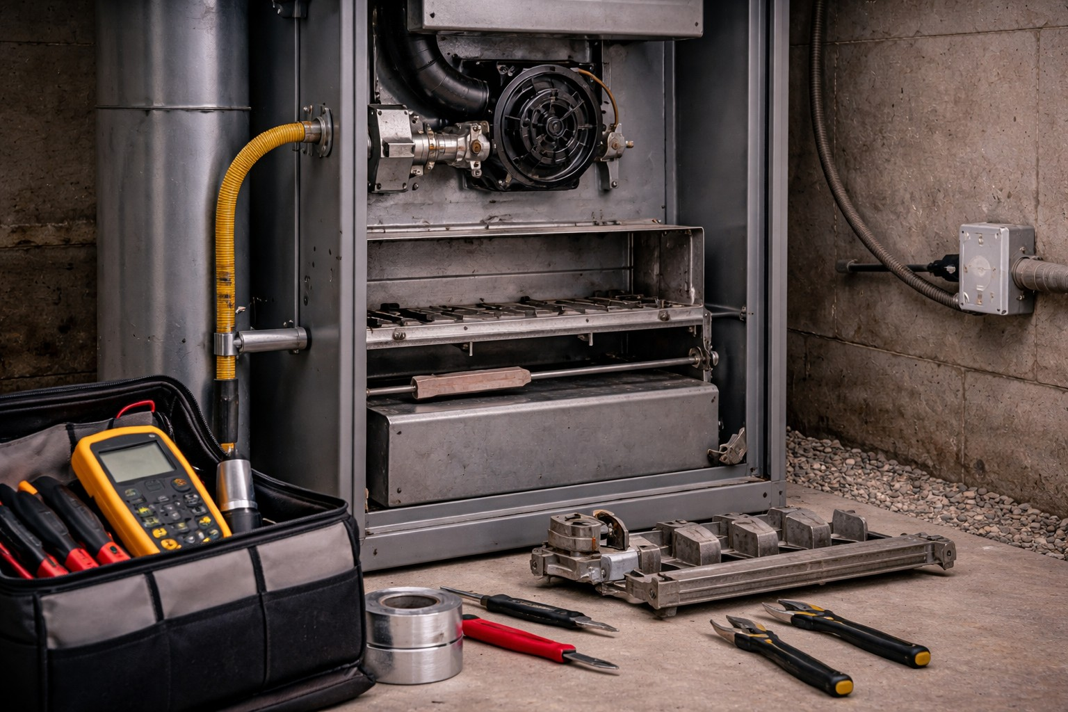 Technician servicing a home furnace and HVAC system