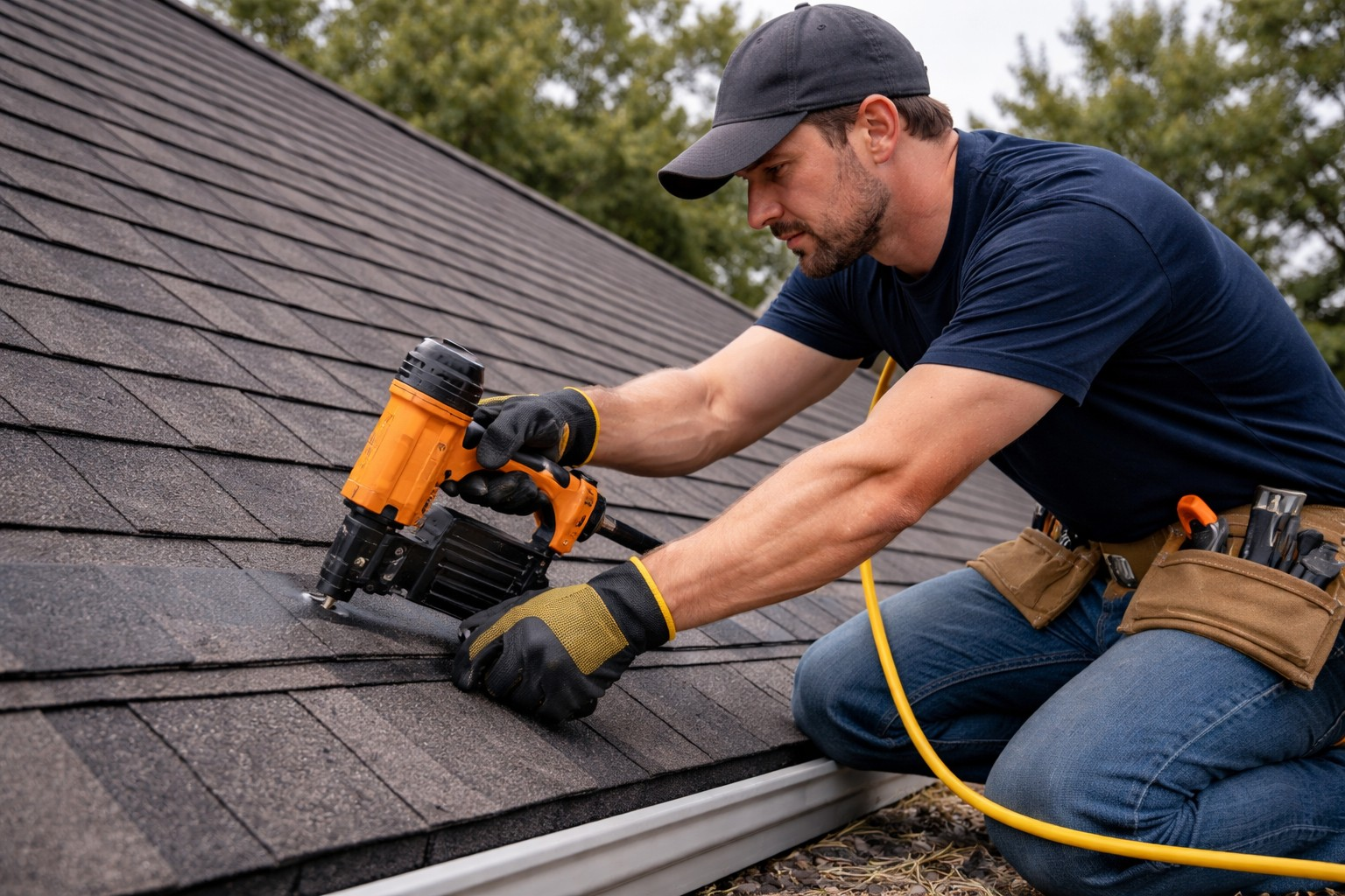 Roofer repairing a damaged residential roof