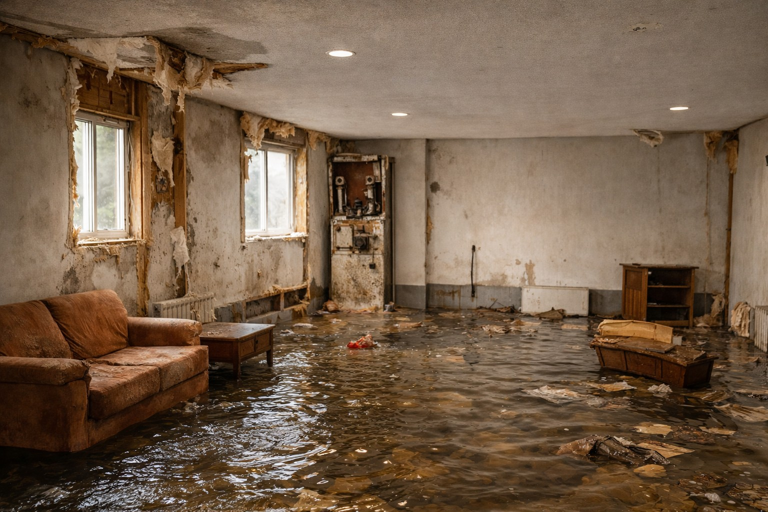 Water damage cleanup crew responding to a flooded property