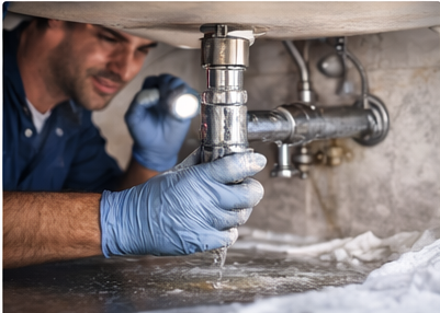 Technician inspecting plumbing and fixture connections under a sink